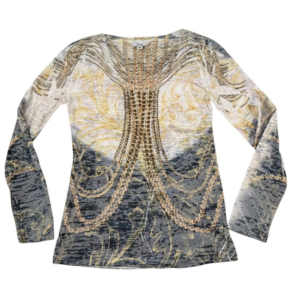 Caché Y2K Burnout Knit Embellished T-Shirt Studded Stretch Distressed Graphic